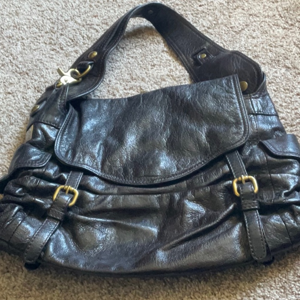 Kooba Black Leather Shoulder Bag with Gold Accents